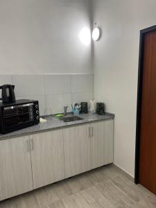 eine Küche mit Mikrowelle und Spüle in der Unterkunft Espectacular Departamento moderno ,acogedor en vicente López in Vicente López