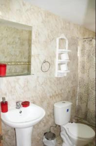 Łazienka z białą toaletą i umywalką w obiekcie Mata ki te Rangi Rapa Nui w mieście Hanga Roa