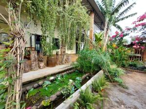a garden with a koi pond in front of a house at The Lazy Farm-Garden Central Room in Mewal