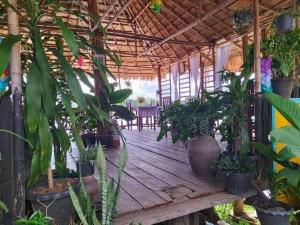 una terraza de madera con muchas macetas. en Champa Guesthouse en Muang Không