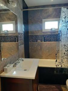baño con lavabo y cortina de ducha en Moderno Duplex - Alquiler en Comodoro Rivadavia en Comodoro Rivadavia