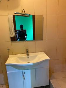 uma pessoa a tirar uma foto de um lavatório numa casa de banho em HOLI FLATS em Accra