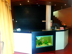 a fish tank in a counter in a room at Hotel Kingland in Ruwanwella