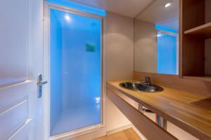 a bathroom with a sink and a glass shower at Les Terrasses Du Lac in Langogne