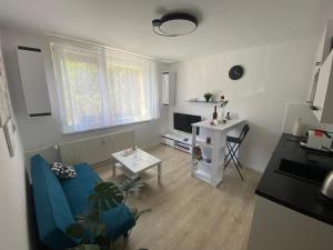 什圖羅沃的住宿－Apartmán Kristína，客厅配有蓝色的沙发和桌子