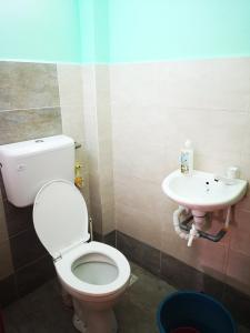 La salle de bains est pourvue de toilettes et d'un lavabo. dans l'établissement Afwan homestay klebang melaka, à Malacca