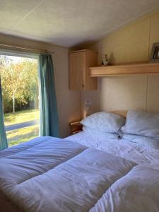 a bedroom with two beds and a window at Golden palm in Chapel Saint Leonards