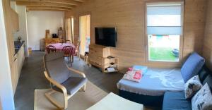 ein Wohnzimmer mit einem Sofa, einem Stuhl und einem TV in der Unterkunft Chalet Vicky et Nino in Les Diablerets
