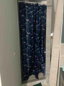 - un rideau de douche bleu avec des oiseaux dans la salle de bains dans l'établissement Charmant Studio dans maison, à Sarcelles