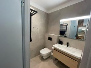 une salle de bain avec toilettes, lavabo et miroir dans l'établissement Esplanaadi 10 LUX Apartment, à Pärnu