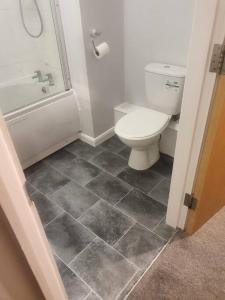 a bathroom with a toilet and a shower at Parkside Apartment Normanton in Wakefield