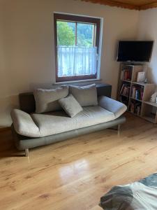 un sofá en una sala de estar con ventana en Appartement Erika en Flattach