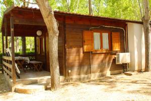 a small wooden cabin with a table and a window at Citrigni in Peschici