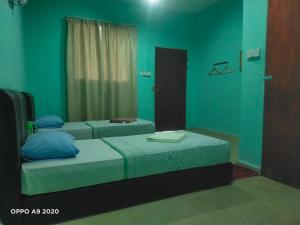 two beds in a room with blue walls at Sukau tomanggong view bed & breakfast in Sukau