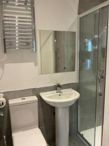 a bathroom with a toilet and a sink and a shower at Beautiful private en-suite room with its own entry in Bexleyheath