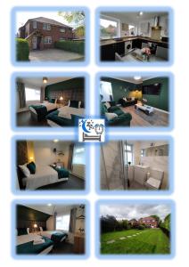 a collage of four pictures of a living room at Polaris House - sleeps 6, driveway, garden in Crewe