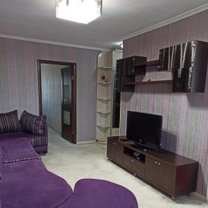 un soggiorno con divano viola e TV di Комфортно и уютно a Bishkek