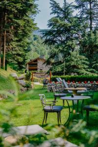 un gruppo di tavoli e sedie in un cortile di Agriturismo Ferdy a Lenna