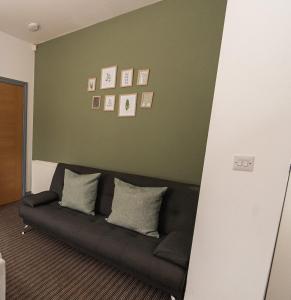a living room with a black couch against a green wall at Villette - 3 bdrm flat sleeps 5 great place for contractors in Sunderland