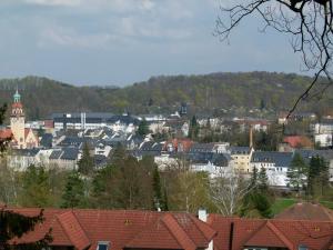 a view of a town with a clock tower at Urlaub und Arbeit in Waldheim in Waldheim