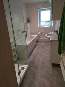 a bathroom with a shower and a tub and a sink at Urlaub und Arbeit in Waldheim in Waldheim