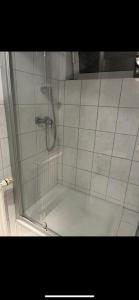 a shower with a glass door in a bathroom at Ferienwohnung Alex in Inzigkofen
