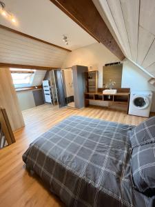 a large bedroom with a large bed and a bathroom at la petite maisonnette in Le Plessis-Feu-Aussoux