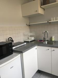 een keuken met witte kasten, een spoelbak en een magnetron bij Czaple na Muchoborze by Apartamenty na dni Wrocław in Wrocław +11 foto's