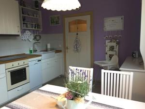 a kitchen with a table and a purple wall at Ferienwohnung Madlein in Rehna +4 photos