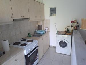 a kitchen with a stove and a washing machine at Foivos Apartments in Agios Georgios
