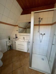 uma casa de banho com um chuveiro e um lavatório. em Ferienhaus Ida am Twistesee em Bad Arolsen
