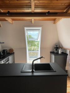 a kitchen with a sink and a window at Fehrsland1 in Dollerup