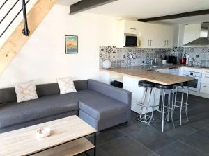 een woonkamer met een bank en een keuken bij Appartement 4 a 6 pers entre Toulouse et Albi in Buzet-sur-Tarn