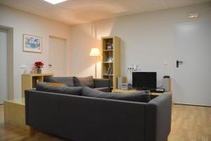 ein Wohnzimmer mit einem Sofa und einem TV in der Unterkunft Apartament rural Can Ramon in Estanyol