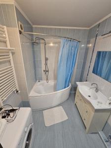 a bathroom with a tub and a sink and a bath tub at Mitropolit Dosoftei Street Апартаменты in Chişinău