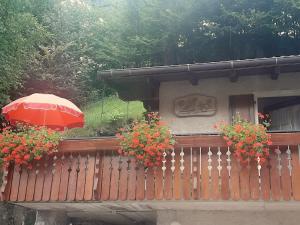 un balcón con sombrilla y flores en una valla en CASETTA INDIPENDENTE NEL VERDE PER 2/3 PERSONE, en Breguzzo