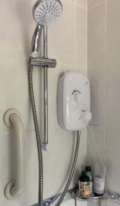 a shower in the corner of a bathroom at Beautiful Bexhill Cottage with garden 3 mins walk to beach in Bexhill