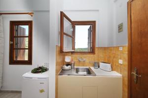 una pequeña cocina con fregadero y ventana en Skopelos Evergreen Apartments, en Stafylos