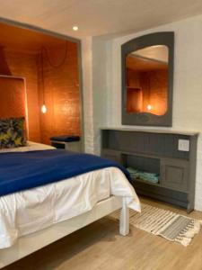 a bedroom with a bed with a mirror and a fireplace at High on Hill in Darling