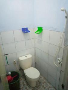 a small bathroom with a toilet and a shower at Soraya Homestay in Tulungagung
