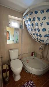 uma casa de banho com um WC e uma banheira em Mountain View Cozy House em Baytyk
