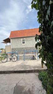 una bicicleta estacionada frente a un edificio en Mountain View Cozy House, en Baytyk