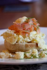 a sandwich with shrimp and tomatoes on a plate at Ellen House Bed and Breakfast in Matlock +38 photos