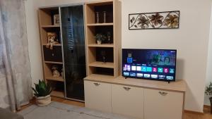 Apartman Mibel في زغرب: غرفة معيشة مع تلفزيون في موقف مع جهاز كمبيوتر