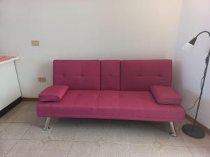 eine rosa Couch in einem Zimmer mit Lampe in der Unterkunft Casa Venera. Bella, zona centrale in Pisa