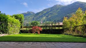 um jardim com um relvado verde com montanhas ao fundo em La casa di Sara in Valsassina em Introbio