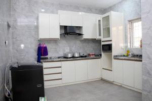 een keuken met witte kasten en een zwarte koelkast bij CIS Apartments in Abuja