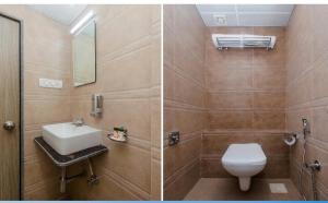 two pictures of a bathroom with a toilet and a sink at Hotel Golden Arch - NEAR DOMESTIC AIRPORT in Mumbai