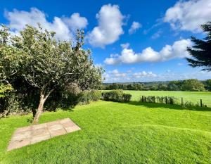 un jardín con un árbol y un campo de césped en The Perch en Bridgend