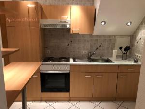 cocina con armarios de madera, fogones y fregadero en Apartment Franci en Wiebelskirchen
